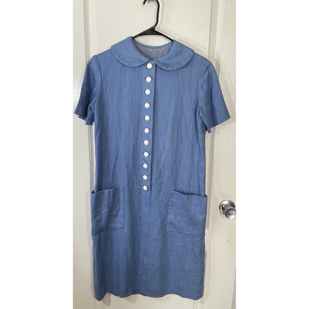Vintage Norman Norell New York Blue Linen Dress White Buttons Couture 1960s Mod
